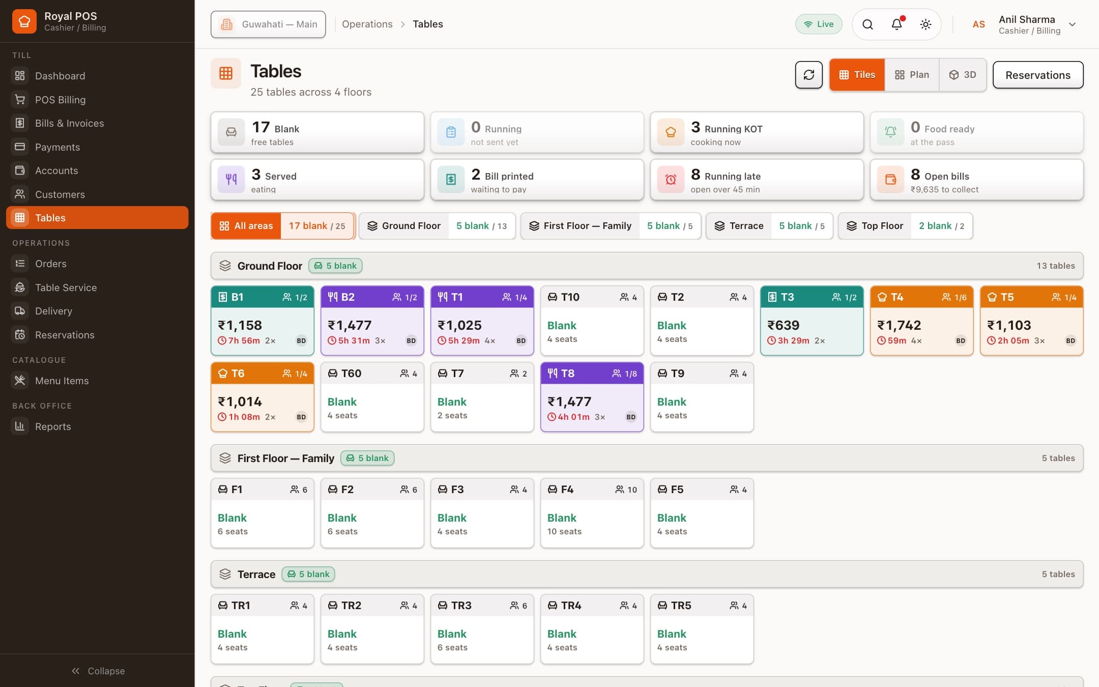 The Tables screen: table tiles coloured by status with running totals